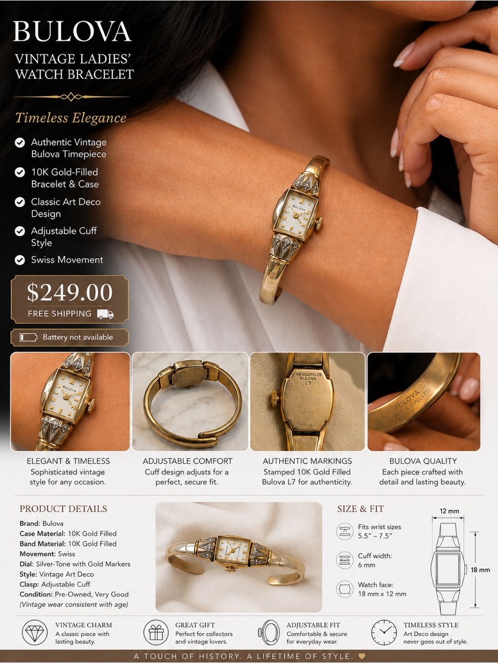 Bulova Gold Tone Ladies' Watch Bracelet - Gold battery is not included